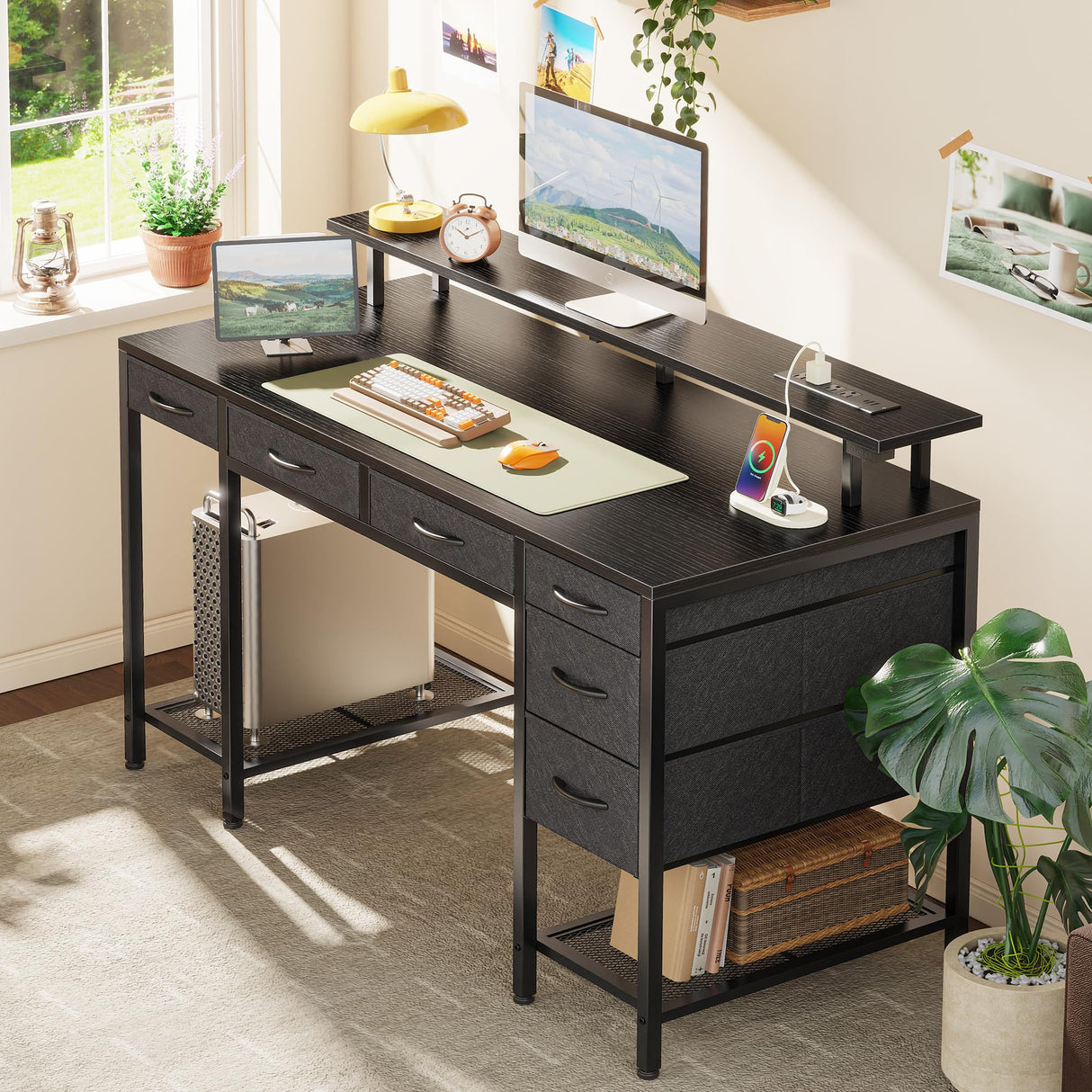 Computer Desk with Power Outlets and LED Lights, 47 Inch Gaming Desk with 6 Drawers