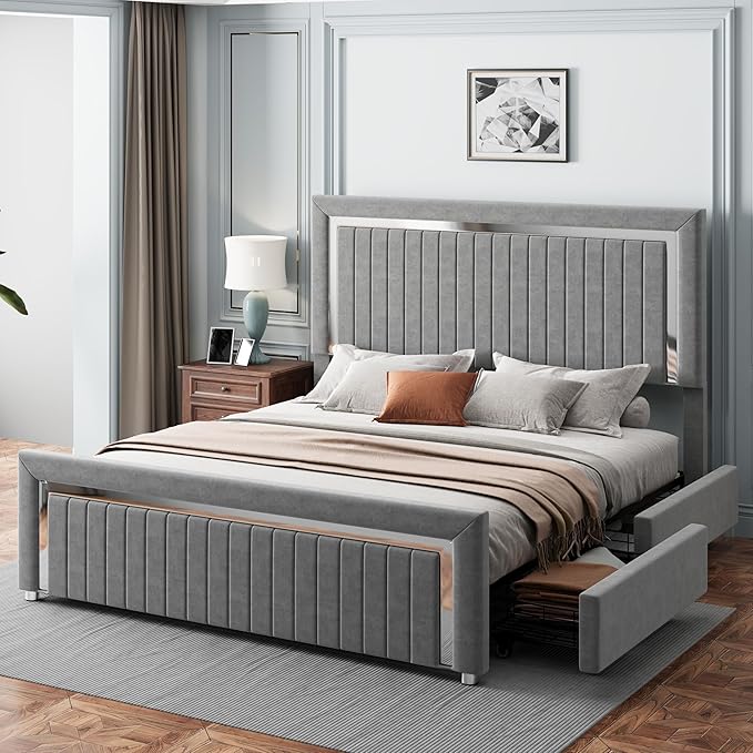 Upholstered Platform Queen Size LED Bed Frame with 4 Storage Drawers