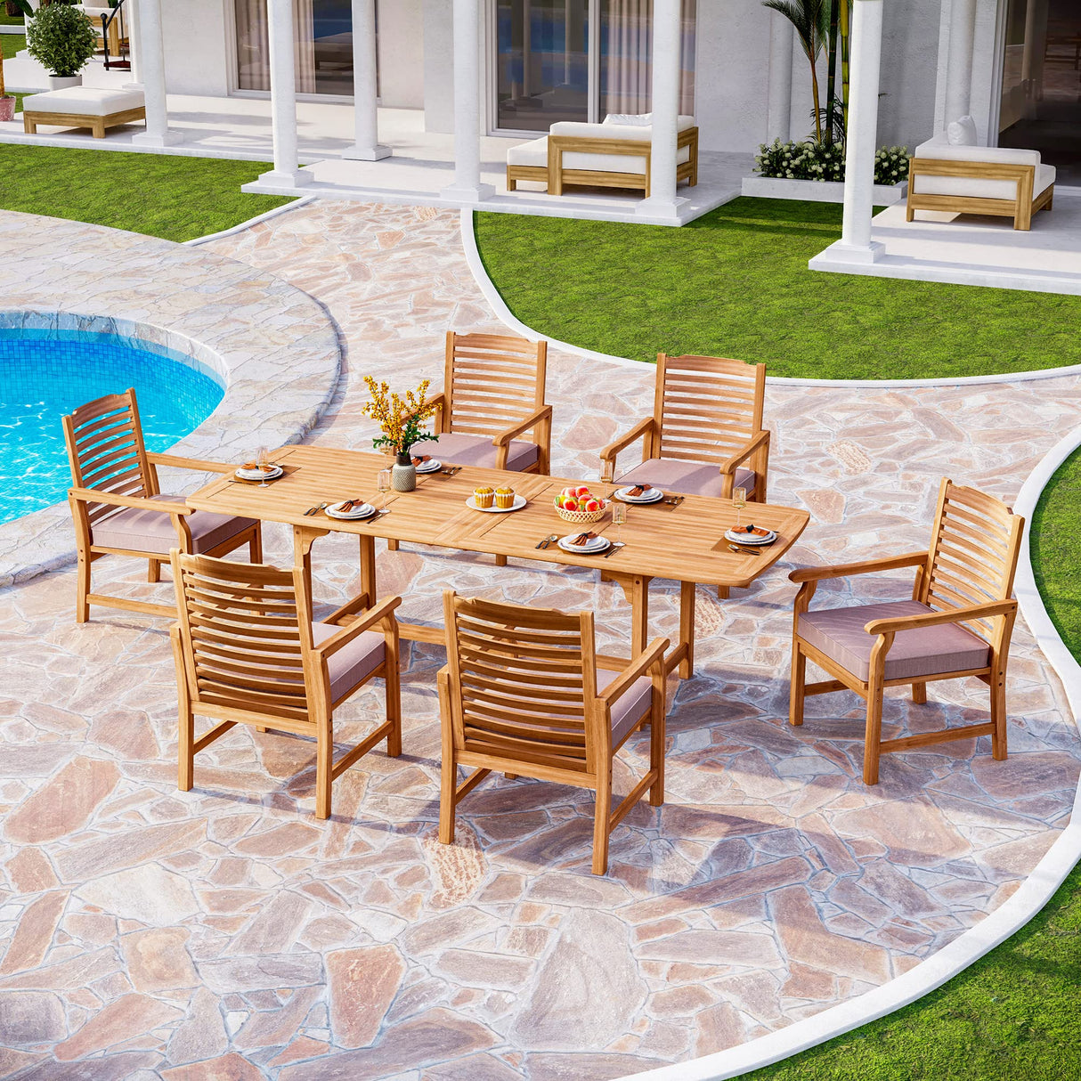 7 PCS Acacia Wood Outdoor Dining Set for 6, Expandable Teak Wooden Table & Chairs
