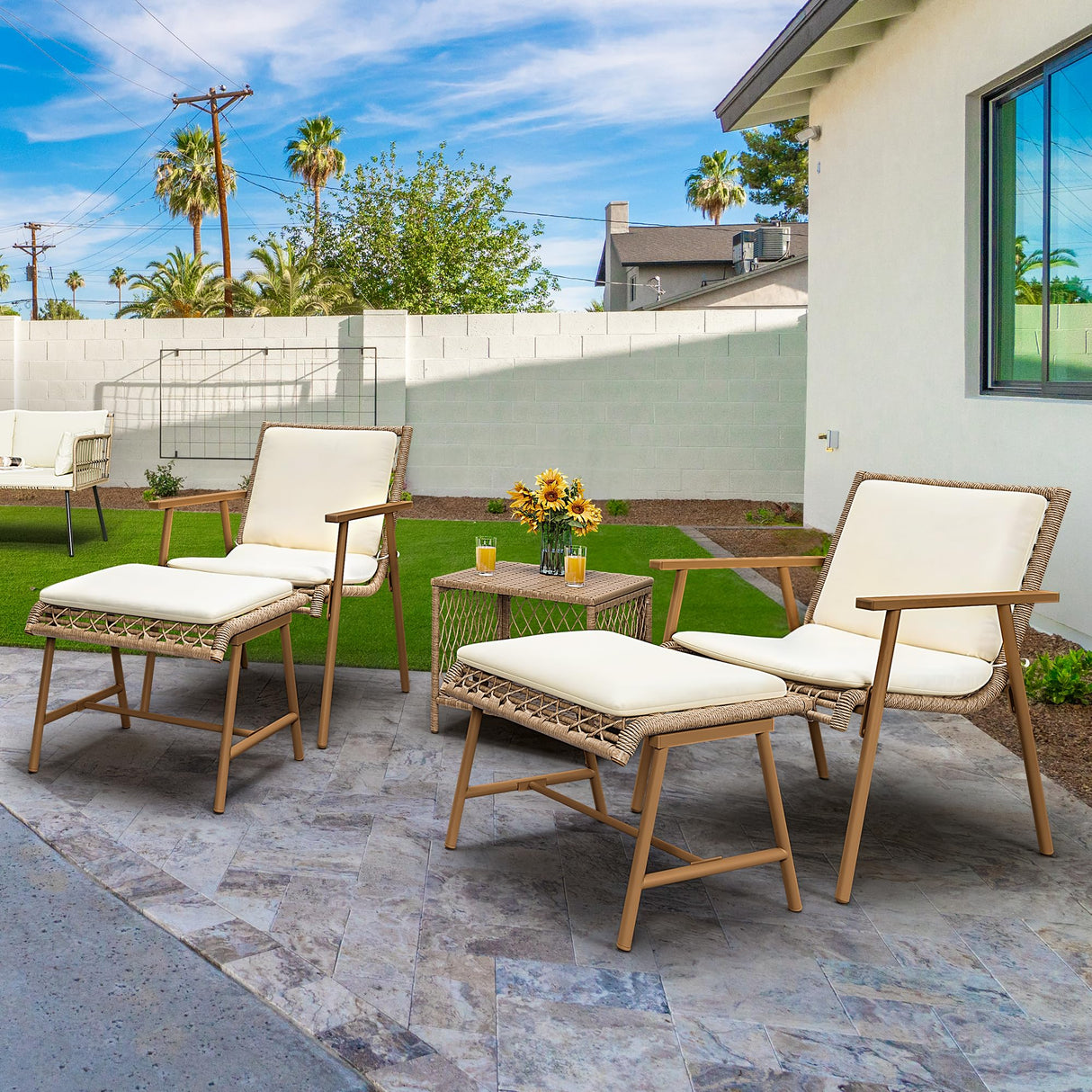 3 Pieces Conversation Bistro Set with Ottoman, All-Weather Patio Bistro Set with Footrest