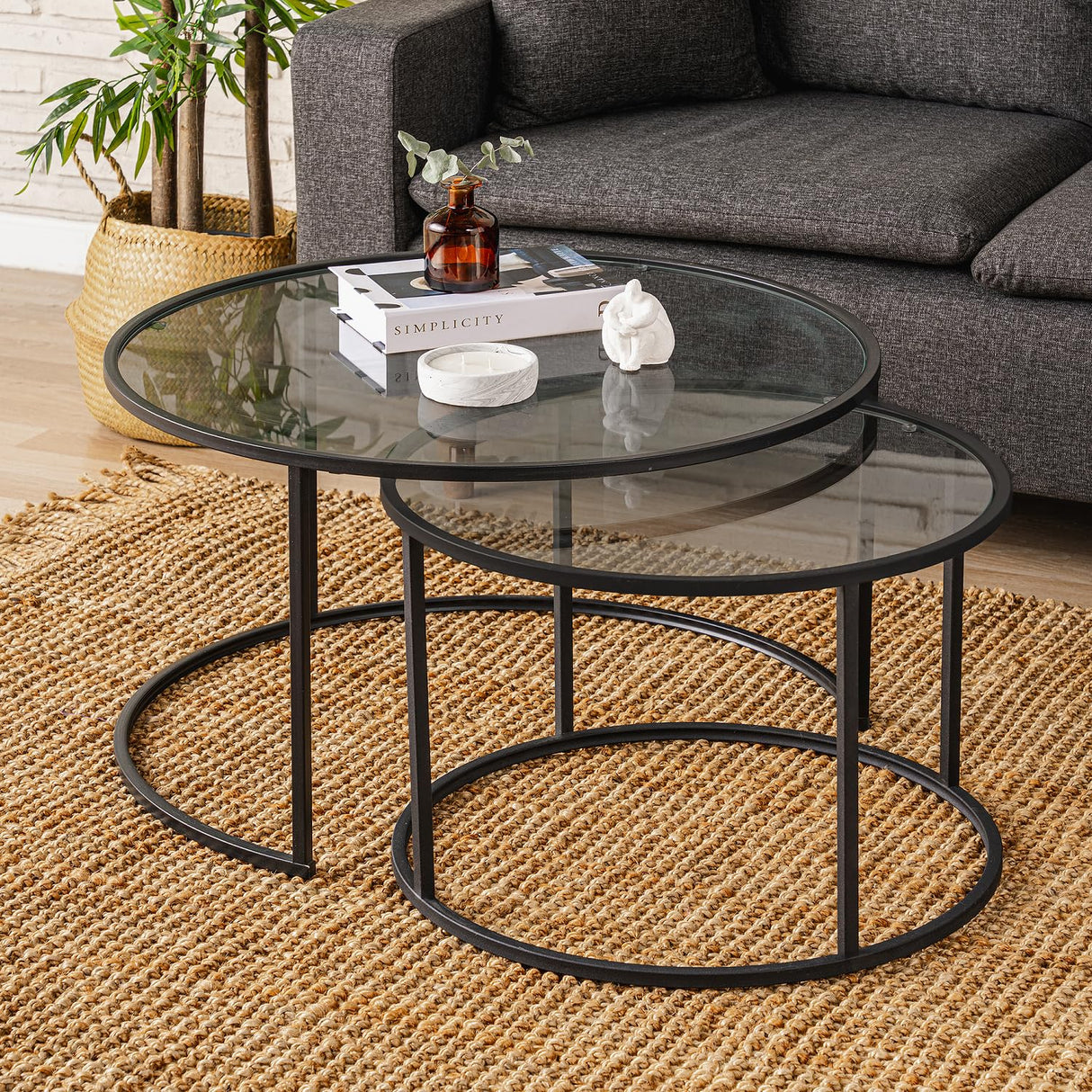 Tokyo Coffee Table Round Smoked Glass Set of 2-31.5 Inch - Modern Center Living Room