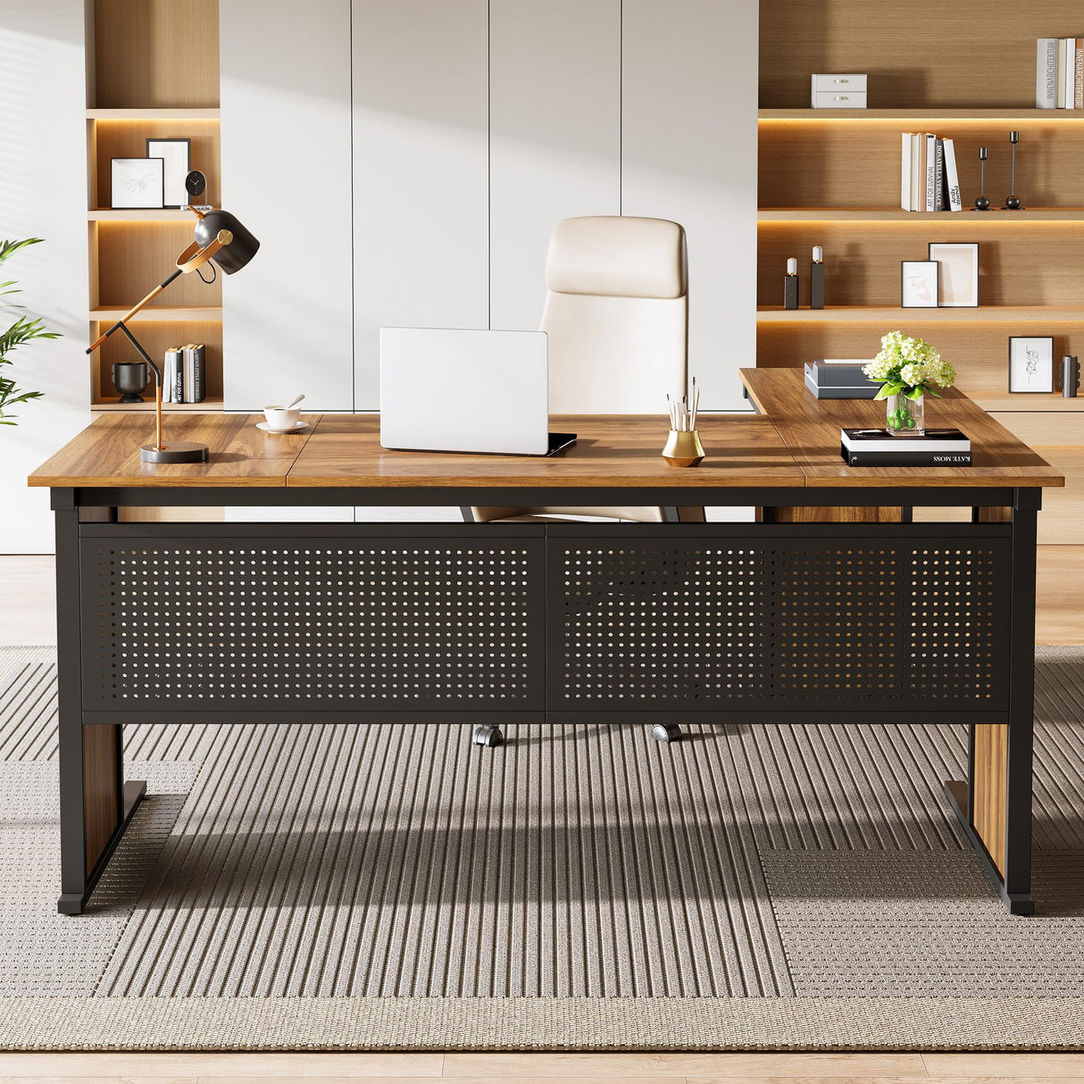 63" L-Shaped Executive Desk, Large Office Desk with Front Baffle, Modern Computer Desk Workstation Business Furniture for Home Office, Walnut & Black