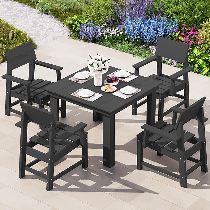 HDPE Outdoor Dining Set, 37-inch Square Table and Chairs Set All Weather Patio Dining Set