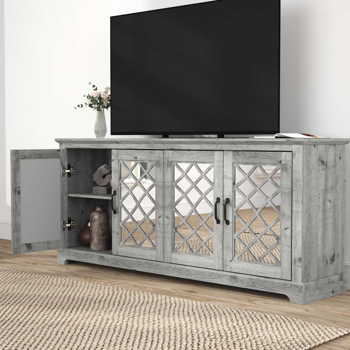 Farmhouse TV Stand for Television Up to 75 Inches, 4 Mirror Doors Entertainment Center