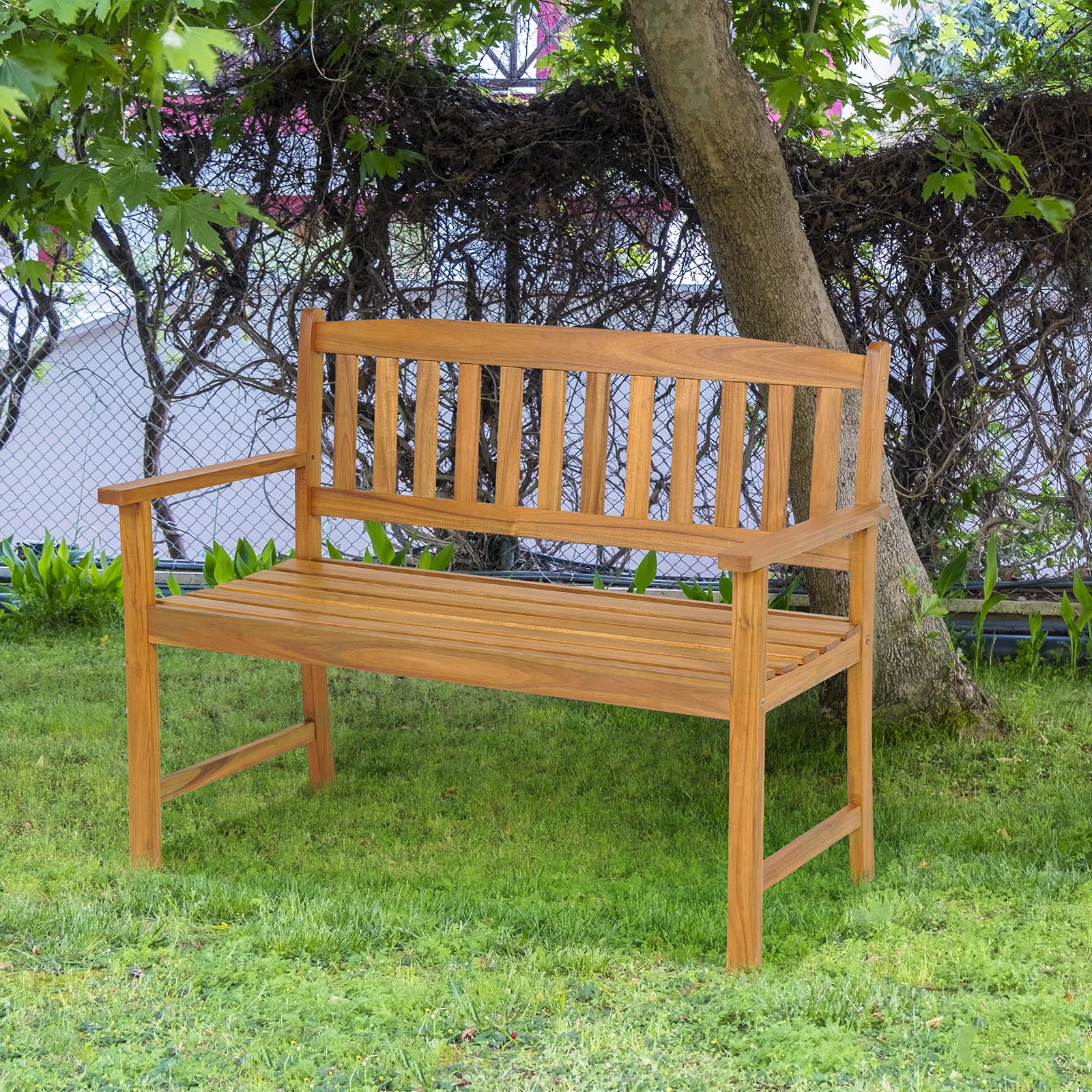 Outdoor Acacia Wood Bench, 2-Person Garden Bench with Backrest and Armrests