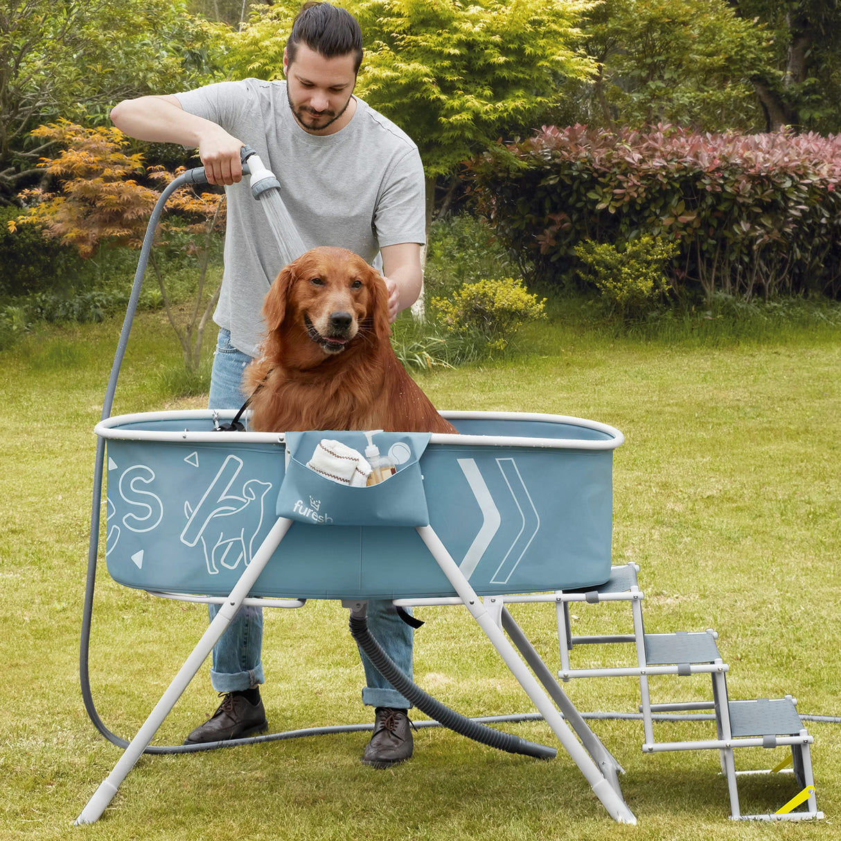 Elevated Dog Bath Tub with Stairs - Portable Foldable Wash Station for Medium to Large Dogs
