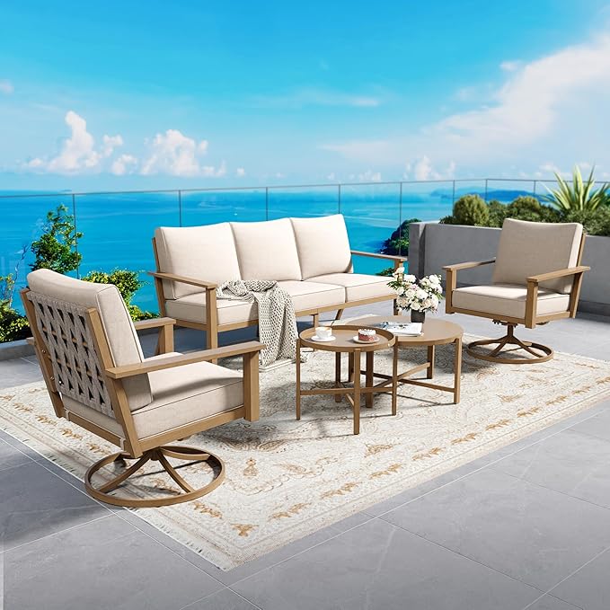 Patio Conversation Set,5 Pcs Metal Outdoor Furniture with 3-Seater Sofa