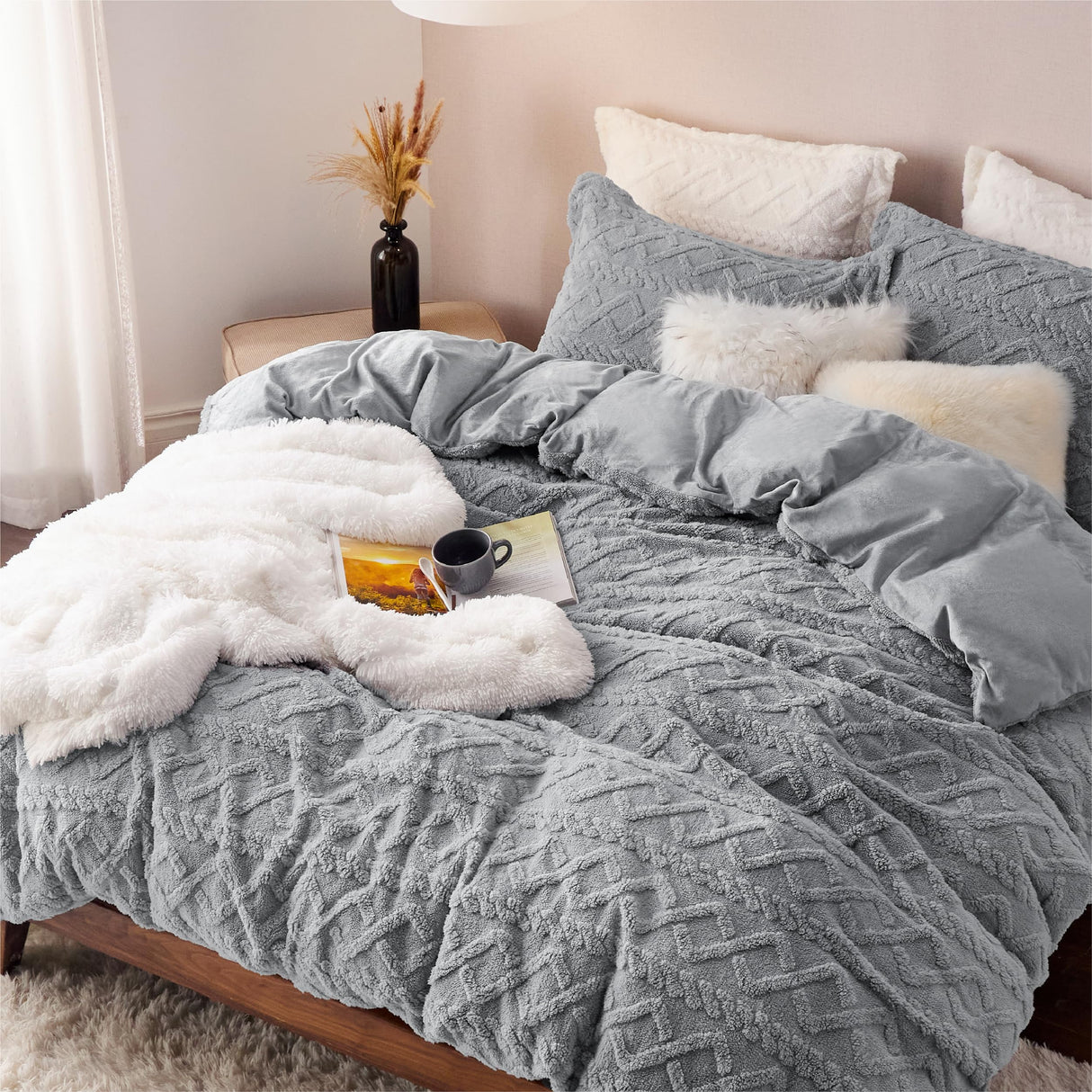 Fluffy Queen Comforter Set, Grey Sherpa Fleece Bedding Comforter Set, Luxury Jacquard Farmhouse