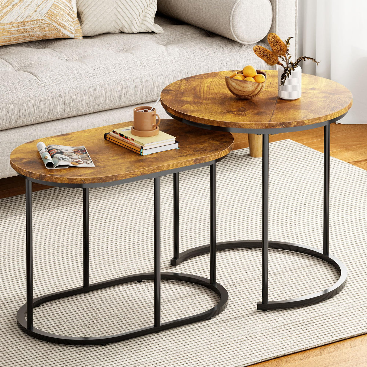 2 Piece Round Side Table Coffee Table Accent Table, Faux Marble Round Nesting Table
