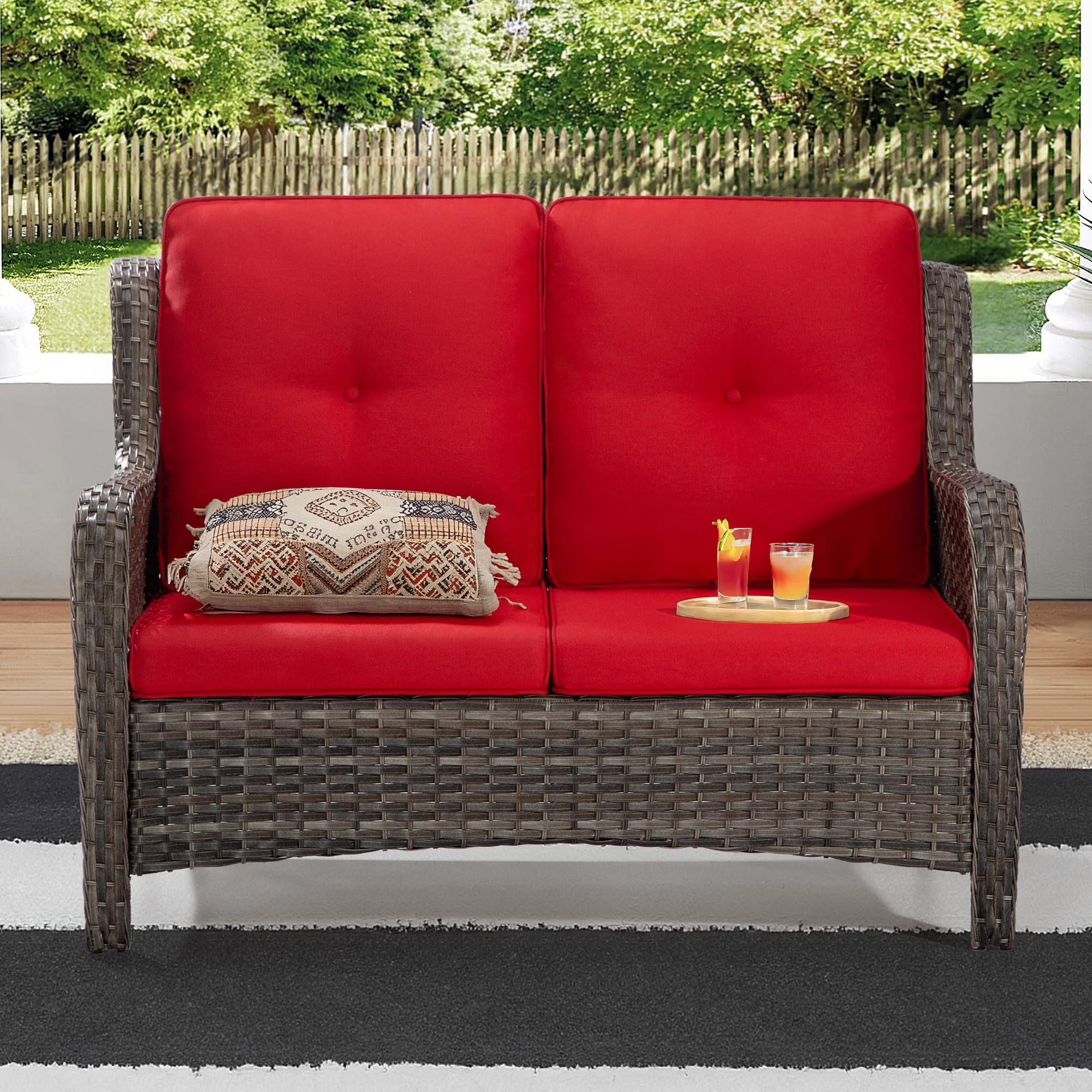 Patio Sofa Wicker 2-Seat Outdoor Couch with Deep Seating, High Back