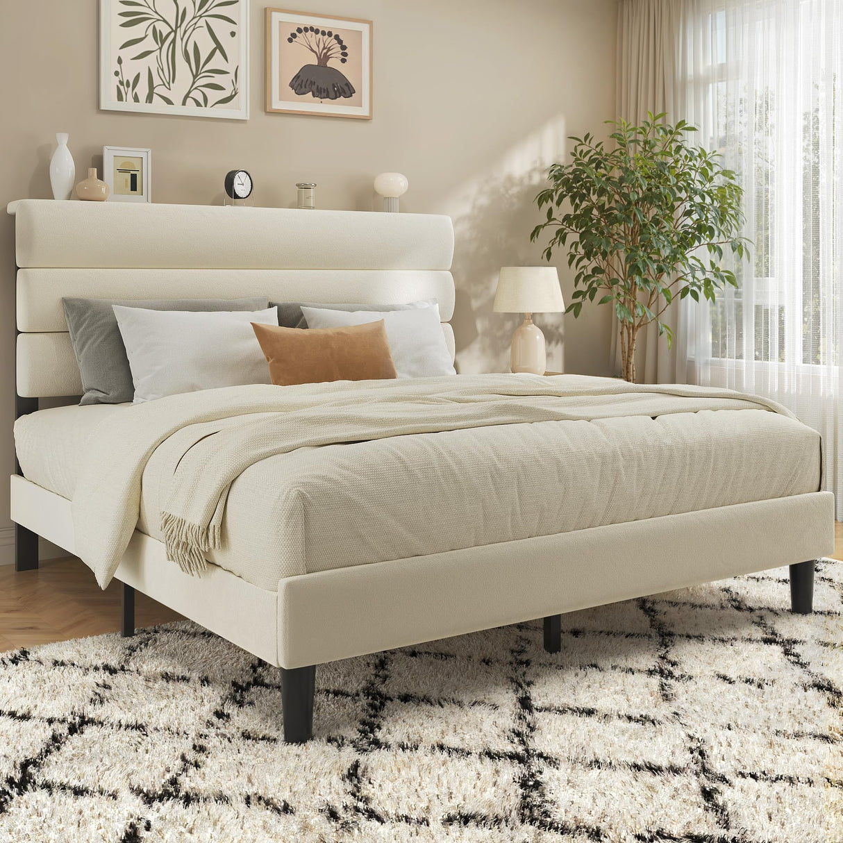 Queen Bed Frame with Velvet Upholstered Headboard