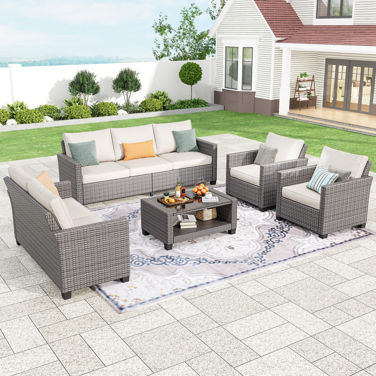 7 Seats Outdoor Wicker Sectional Conversation Set, 5 Pieces Rattan Patio Furniture