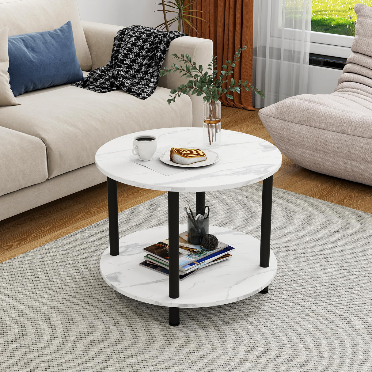 23.6" Round Coffee Table, 2-Tier Small Circle Coffee Table with Storage