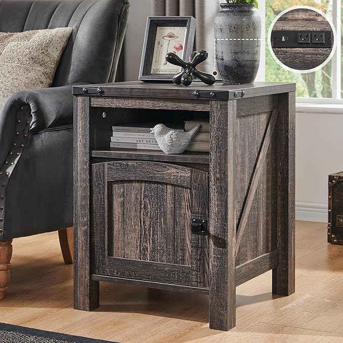 Farmhouse End Table with Charging Station, 18" Rustic Nightstand