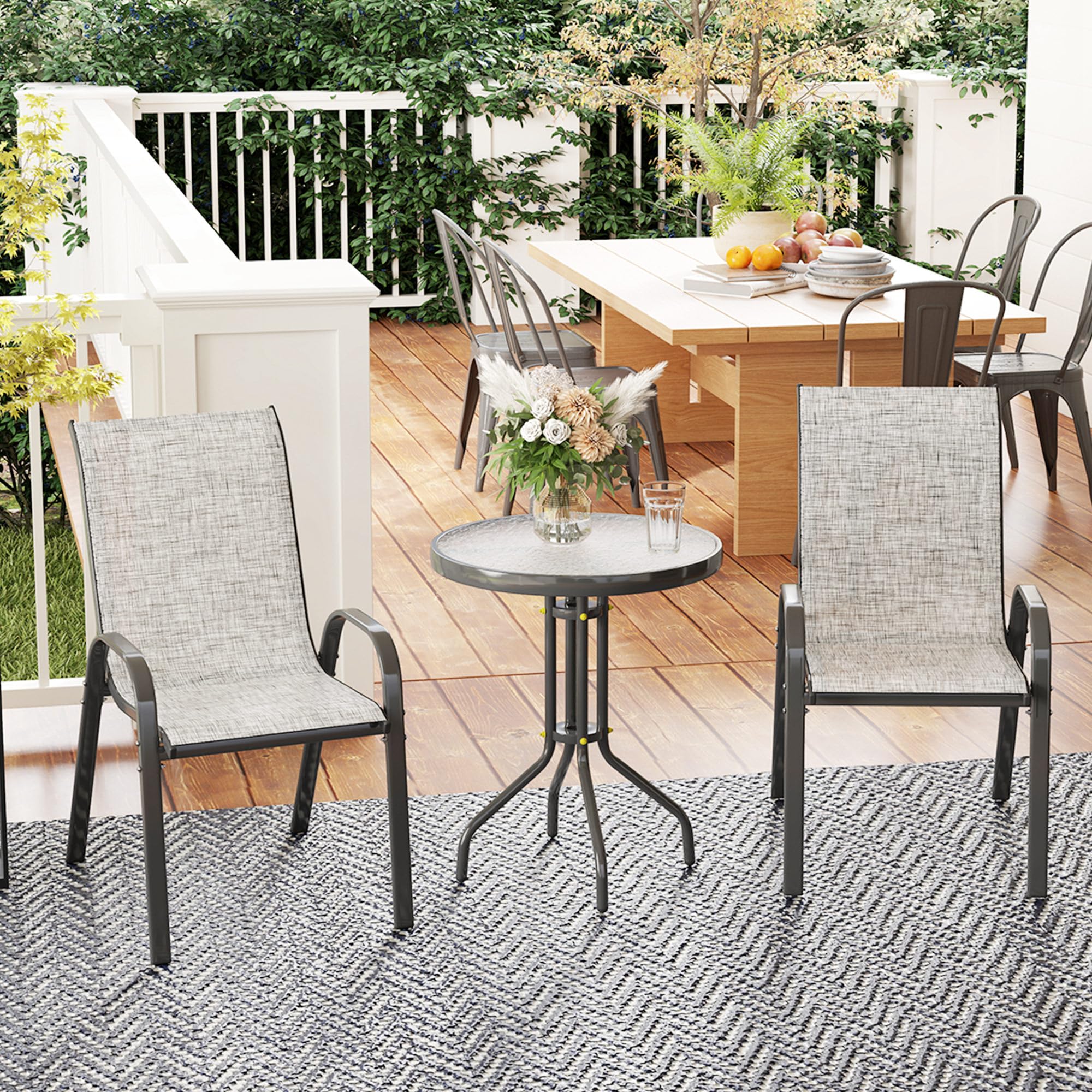 3 Pieces Outdoor Bistro Set, Small Patio Set with Stackable Mesh Chairs and Glass T