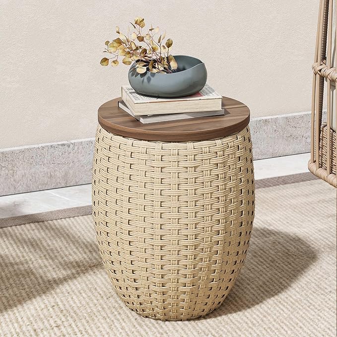 Drum Side Table - Handwoven Rattan End Table with Solid Wood Lid | Indoor/Outdoor