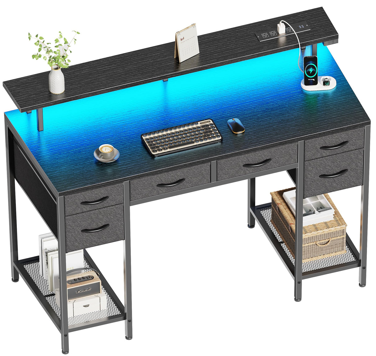 Computer Desk with Power Outlets and LED Lights, 47 Inch Gaming Desk with 6 Drawers