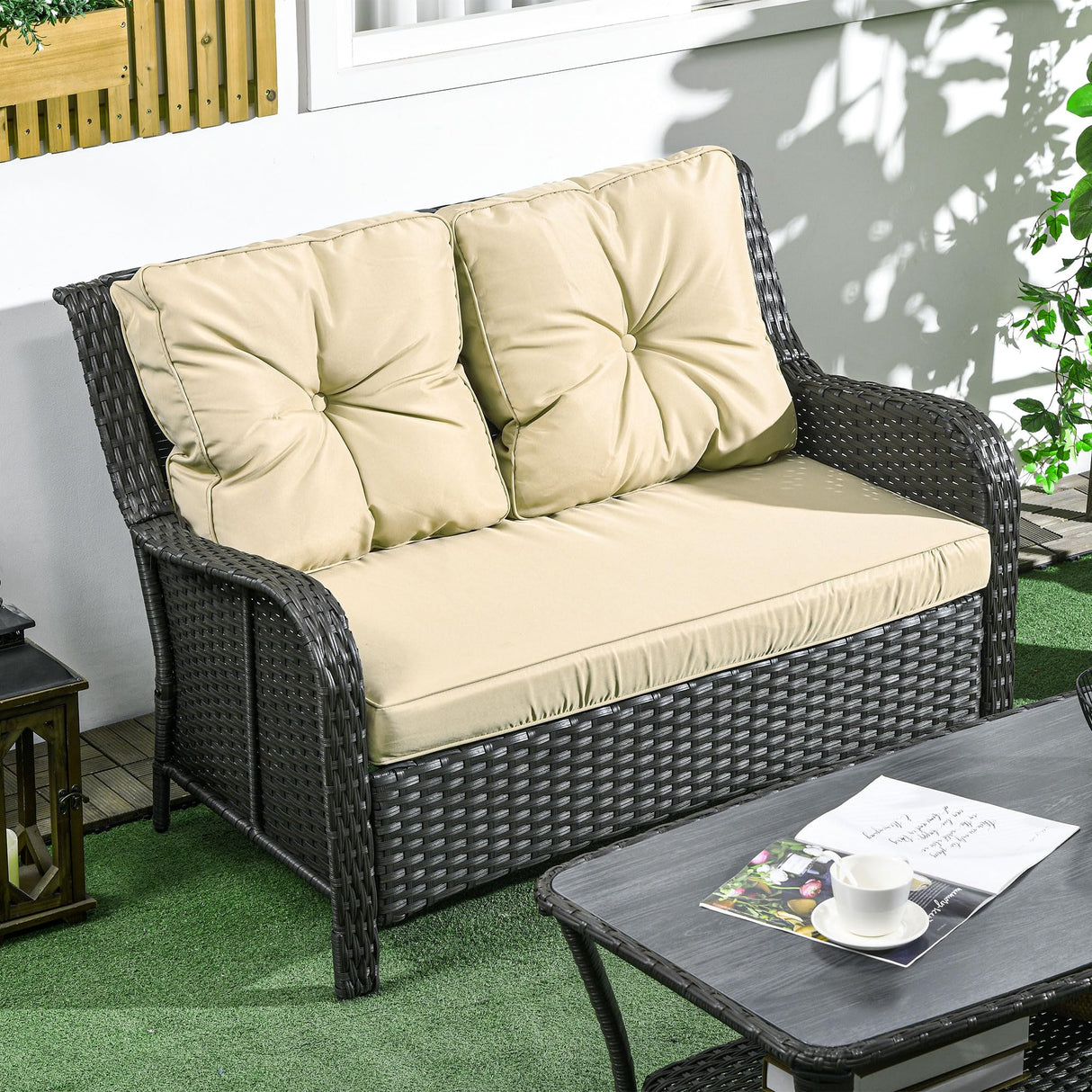 2-Seater Outdoor Sofa with 4" Thick Padded Cushions, PE Rattan Patio Outdoor Couch
