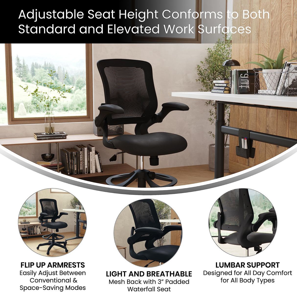 Back Swivel Office Chair with Adjustable Foot Ring, Lumbar Support, and Seat Height,