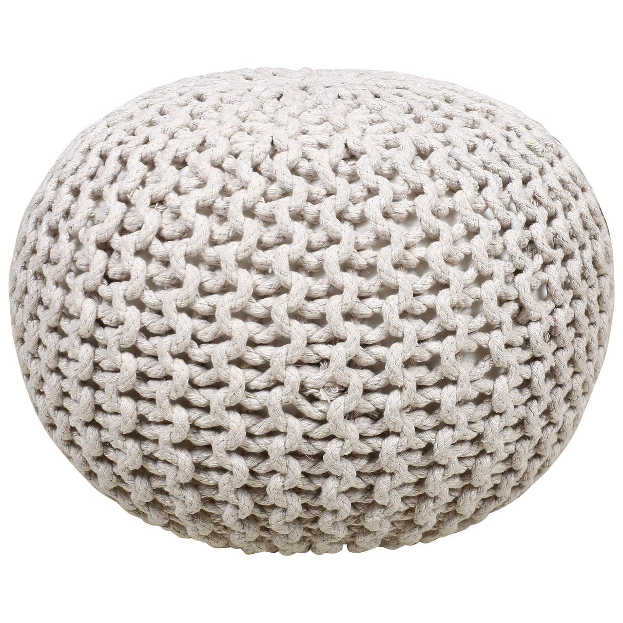 Ottoman Round Pouf Ivory Cotton Braided Cord Woven Foot Stool Hand Stitched