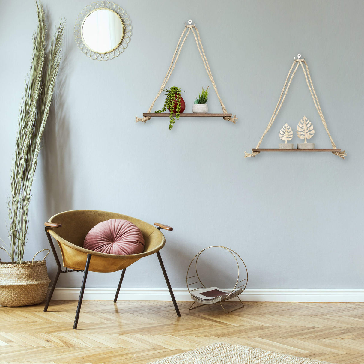 Wooden Floating Shelf with Rope, Set of 2, Display, Decoration, Kitchen