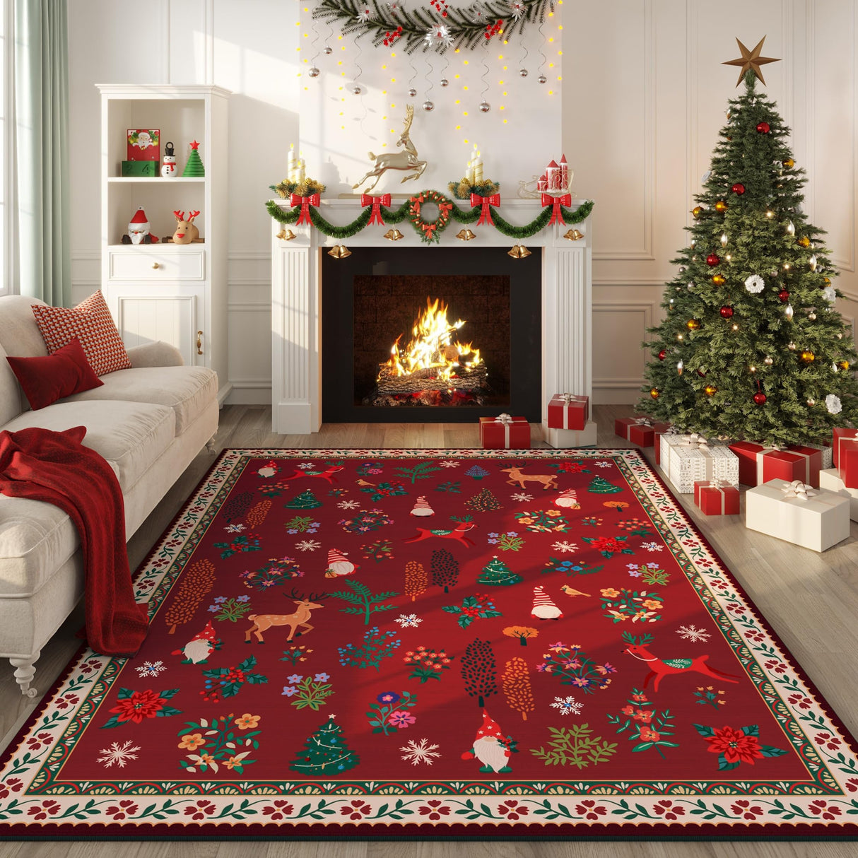 Christmas Rug 8x10 Area Rugs for Living Room Washable Rug Floral Non-Slip Large Rug
