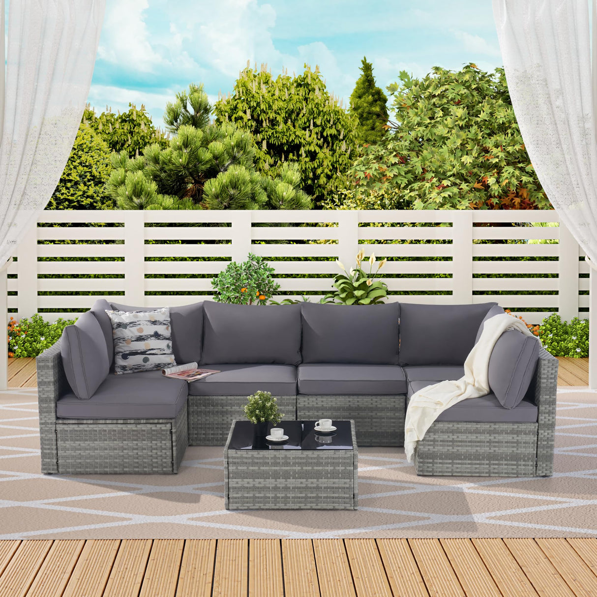 Outdoor Rattan Patio Furniture Set, 7 Pieces Furniture Sofa and Table Set