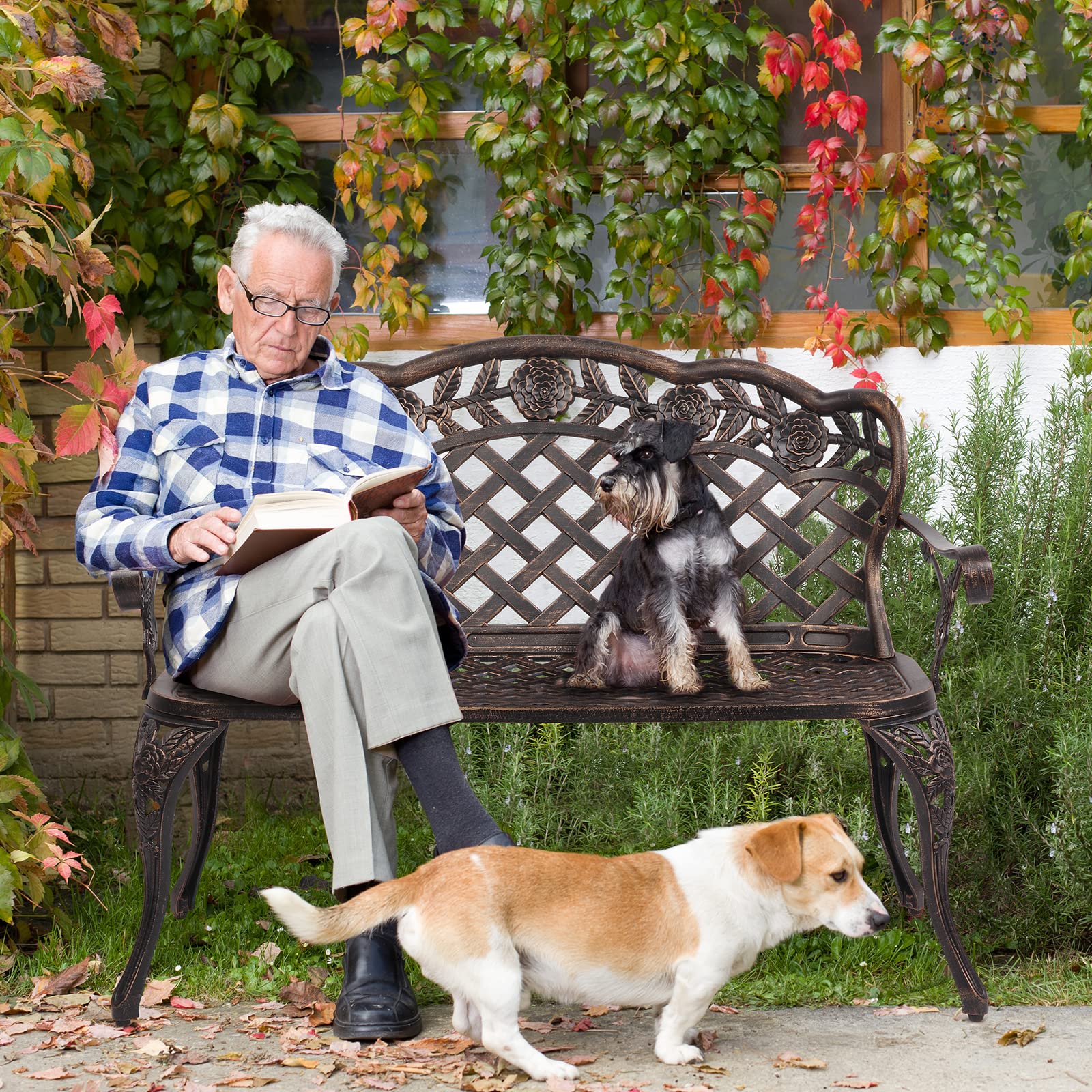 42.5" Patio Garden Bench Outdoor Metal Rose Loveseat