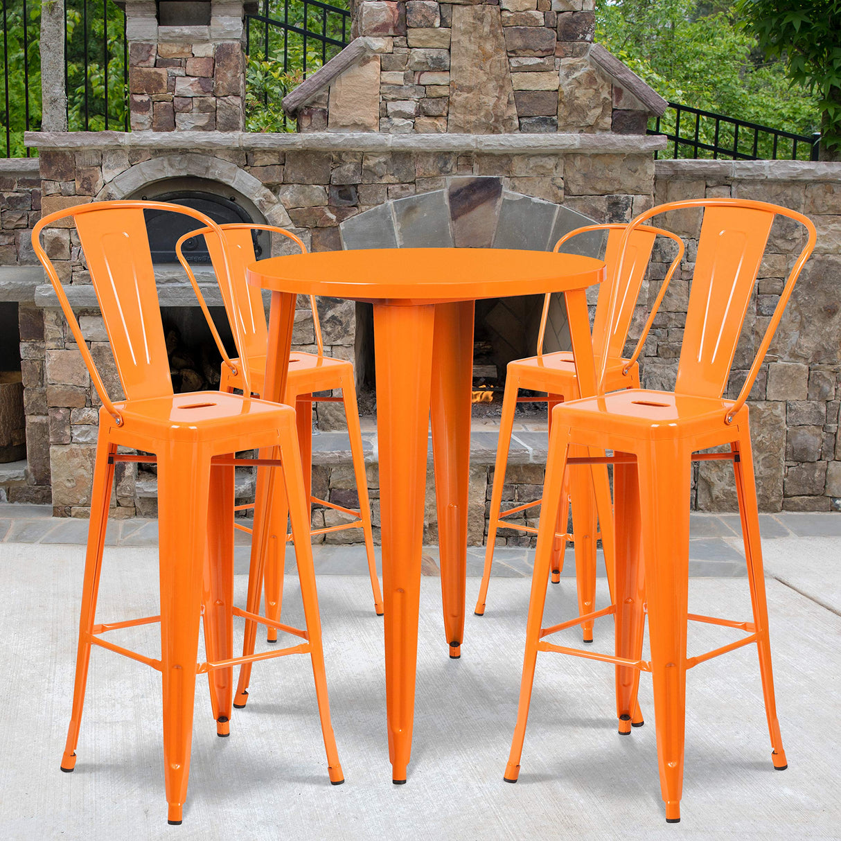 30" Round Orange Metal Indoor-Outdoor Bar Table Set with 4 Cafe Stools