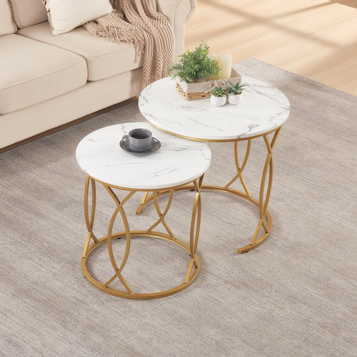 Gold Nesting Coffee Table Set of 2, Round Coffee Tables for Living Room