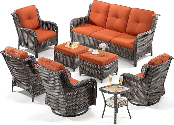 5 Piece Outdoor Patio Furniture Set Wicker Conversation Bistro Set Swivel Rocking Chairs with Side Table and Ottomans for Backyard, Porch, Deck(Mixed Grey/Orange)