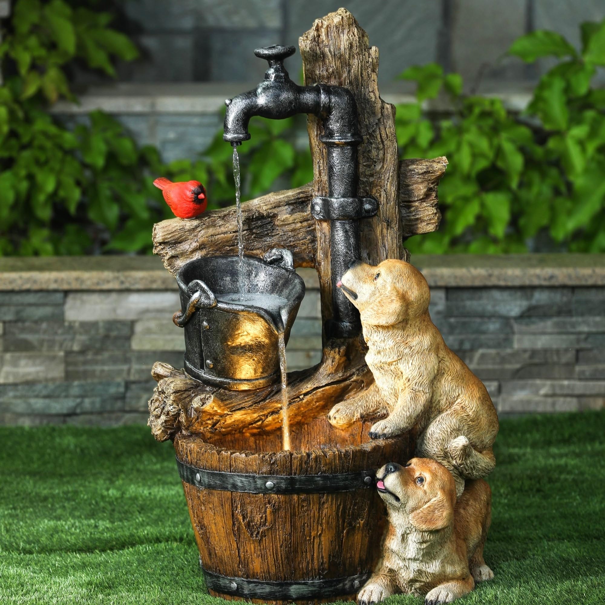 Outdoor Water Fountain, 30 Inch Puppies and Pump Resin Water Fountains Indoor