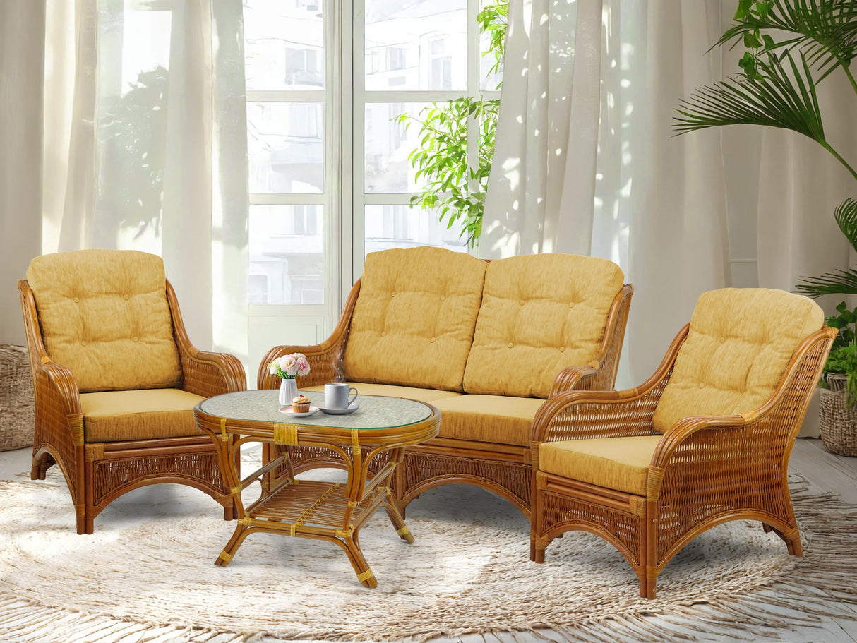 Jam Lounge Set of 4: 2 Natural Rattan Wicker Chairs, Loveseat