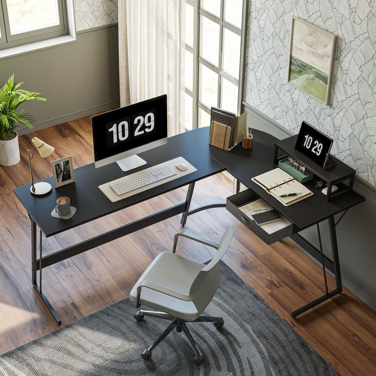 67 inch L Shaped Desk, Corner Computer Desk, Gaming Desk with Small Table and Drawer, Home Office Study Writing Workstation, Space-Saving, Black