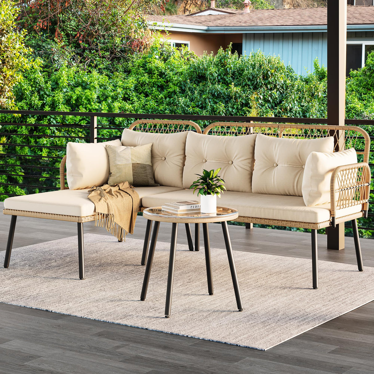 L-Shaped Patio Furniture Outdoor Loveseat Sectional Set for Backyard