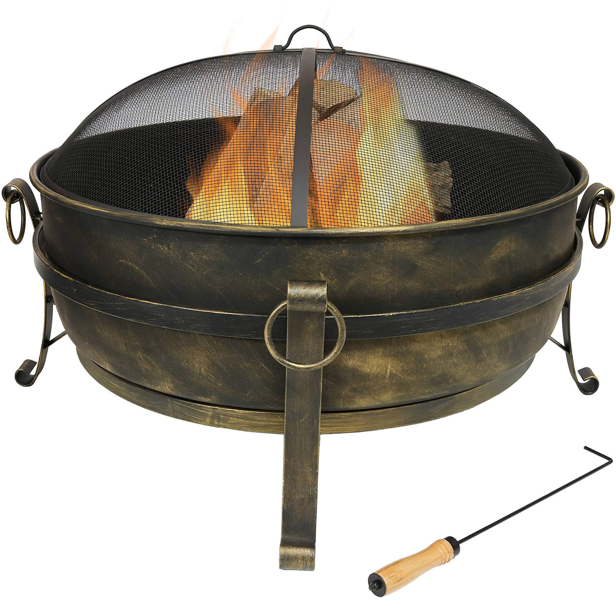 34-Inch Cauldron Style Outdoor Fire Pit Bowl with Spark Screen