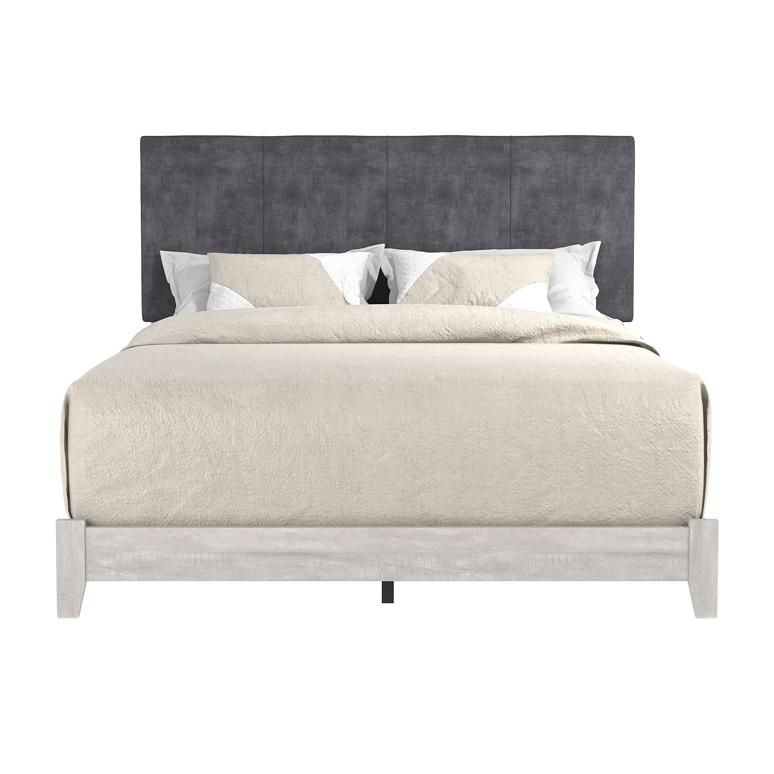 Wood Queen Bed Frame with Velvet Headboard, Wood Slat Support