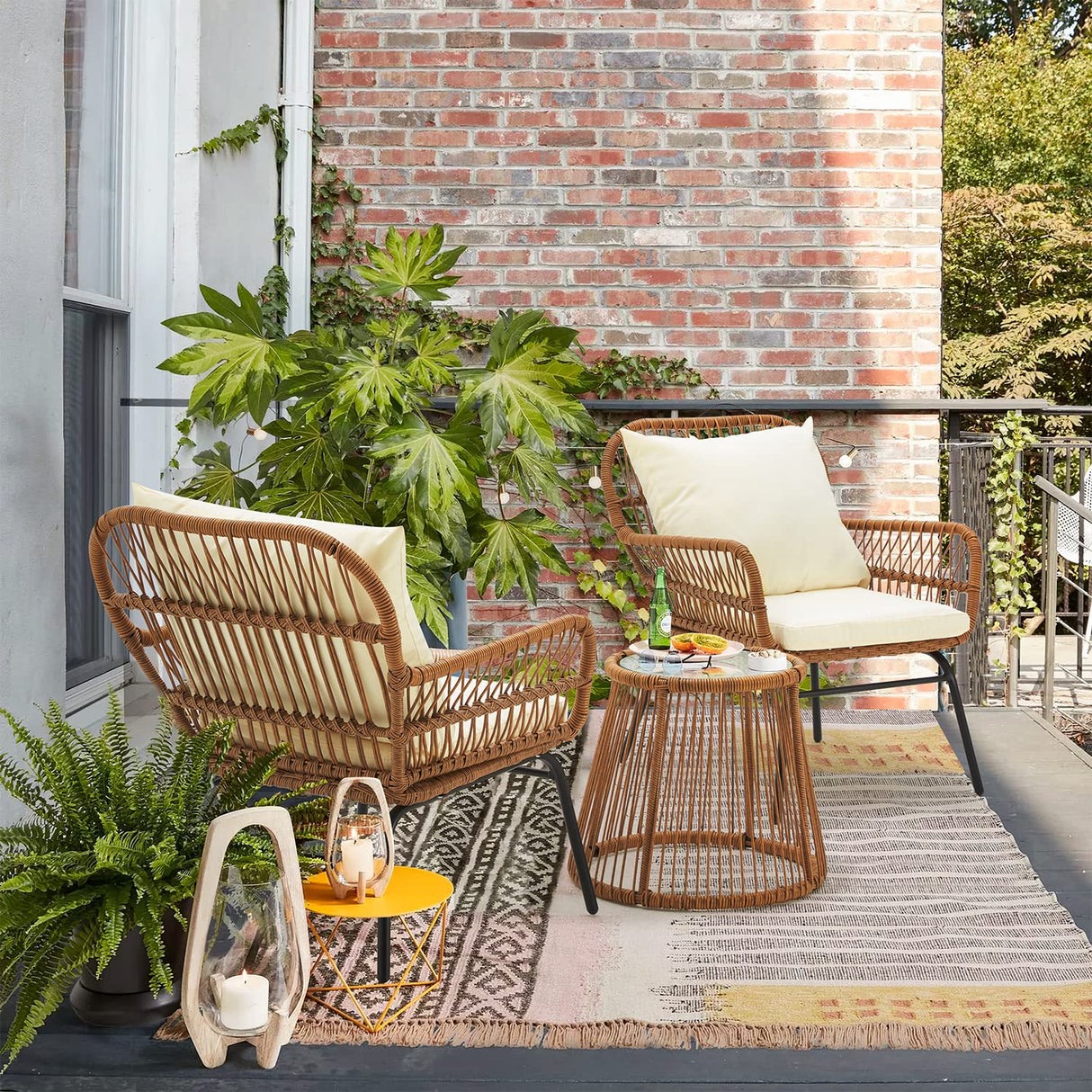 3-Piece Patio Conversation Bistro Set, Outdoor All-Weather Wicker Balcony Furniture