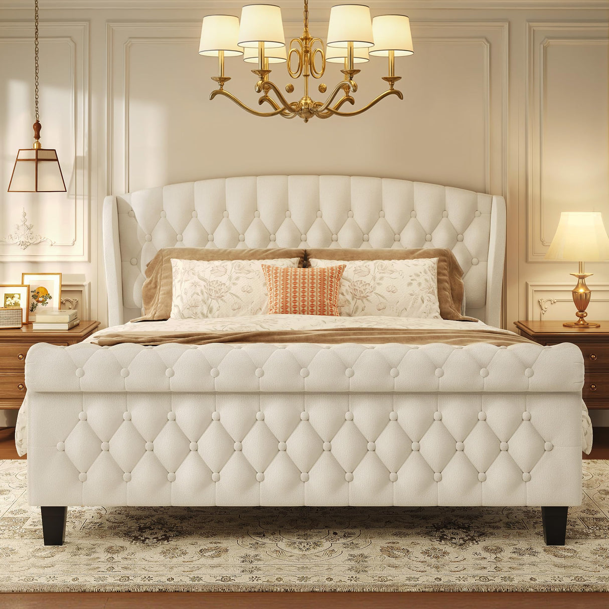 Queen Velvet Upholstered Sleigh Bed Frame with Wingback Headboard
