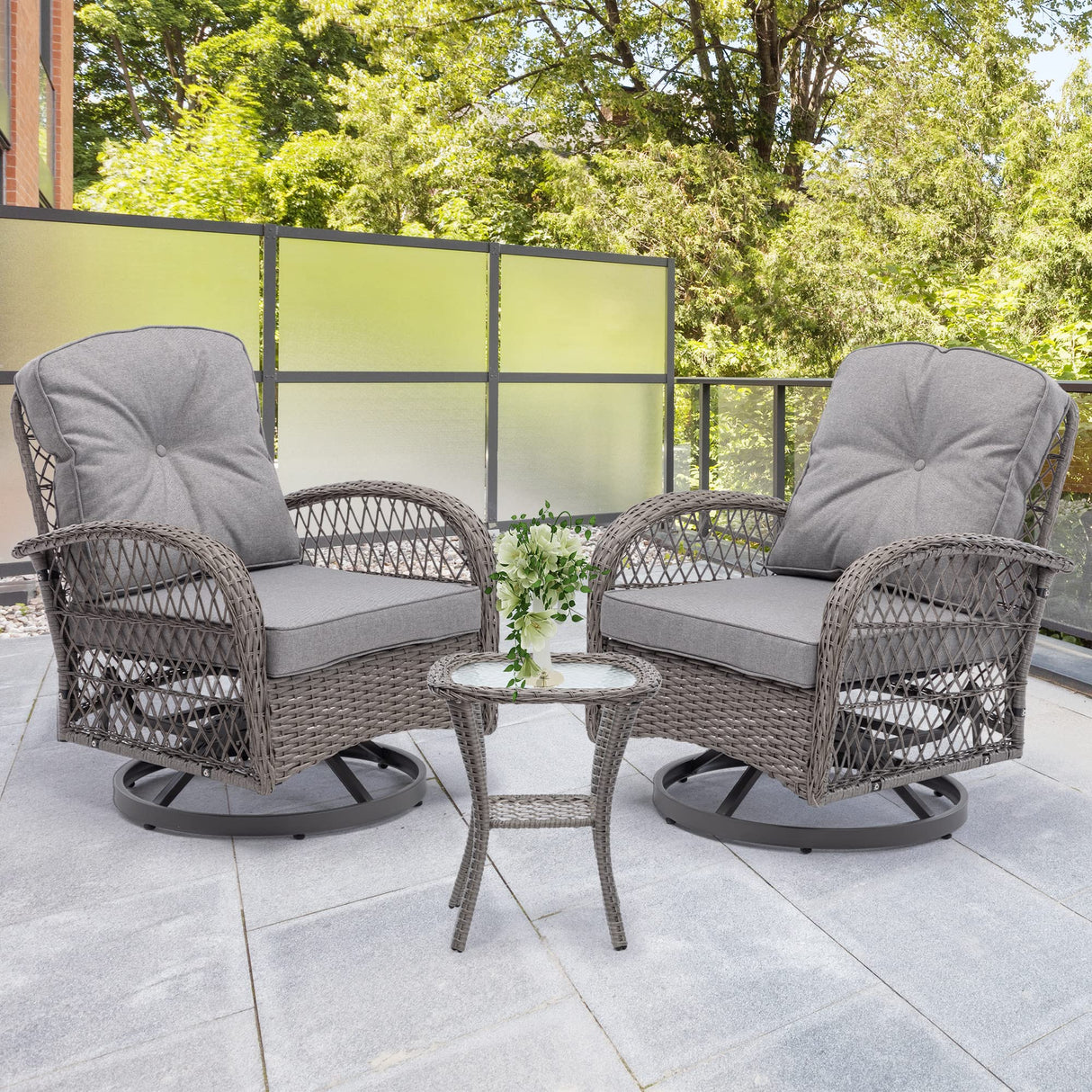 3-Piece Swivel Patio Bistro Set - 360° Rattan Wicker Rocker Chairs with Cushions