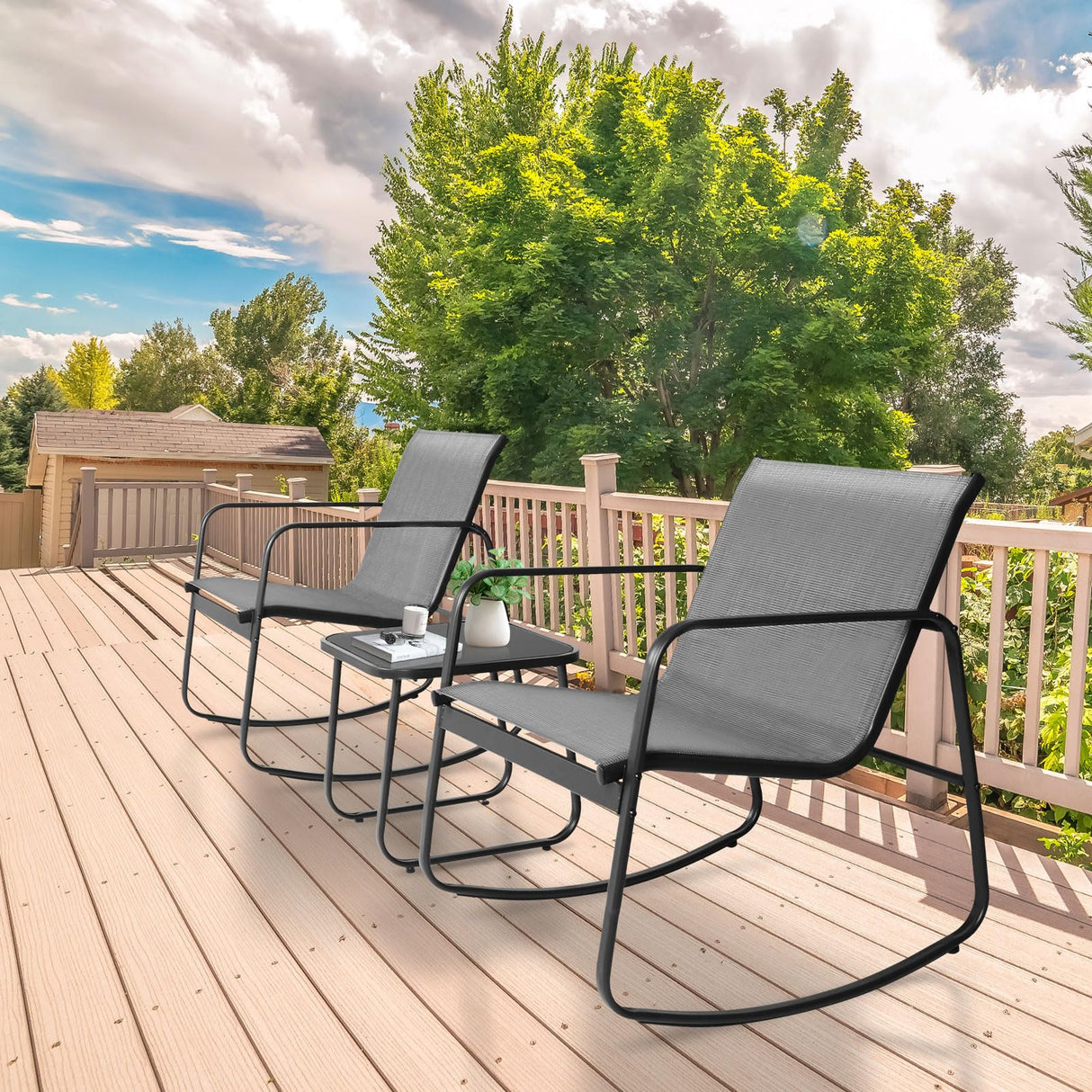 3-Piece Outdoor Rocking Bistro Set with Glass Top Table