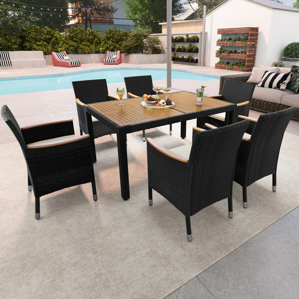 7 Piece Patio Furniture Set, Outdoor Dining Acacia Wood Table Top Rattan Conversation