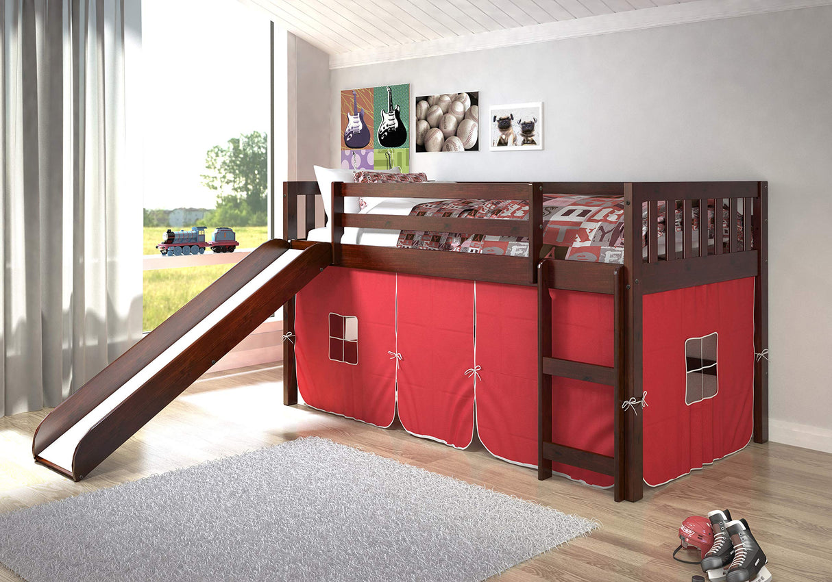 715-TCP-750C-TR Mission Low Loft Bed with Slide and Red Tent, Twin
