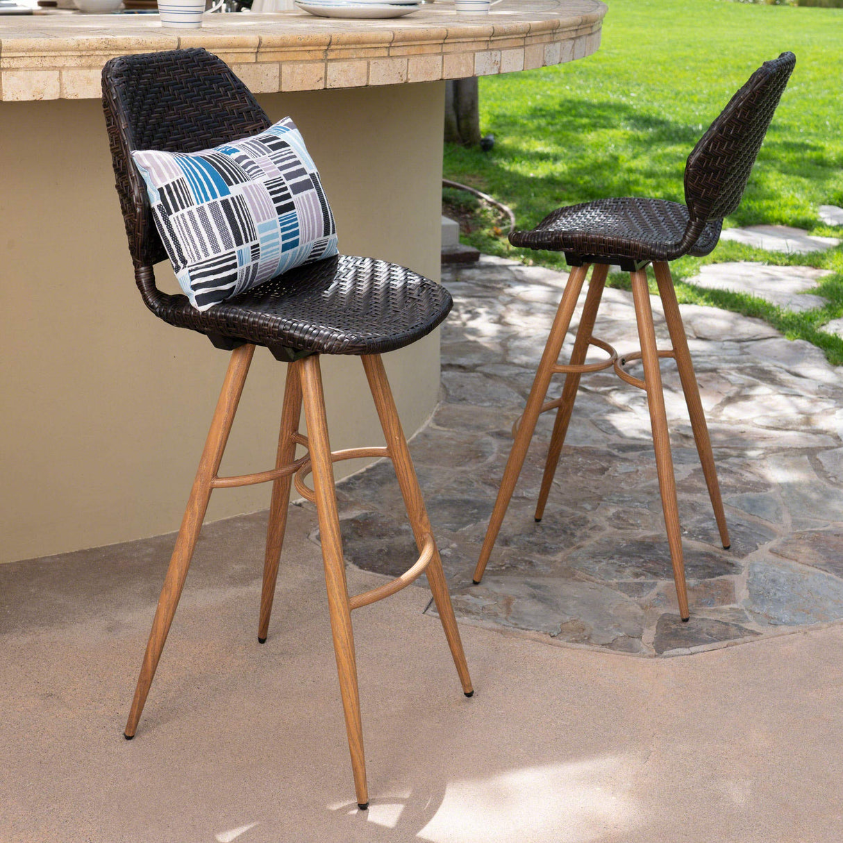 Laryn Outdoor Wicker Barstools with Wood Finish Metal Legs