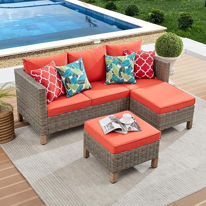 Outdoor 3 Pieces Wicker Conversation Set, PE Rattan Sectional 3 Seats Sofa