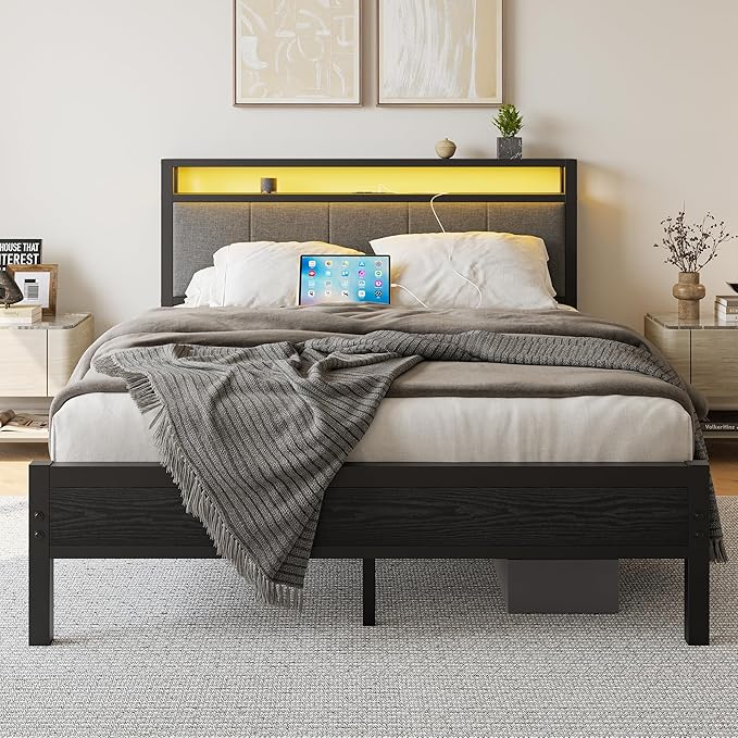 with LED Lights and Charging Station, Heavy Duty Metal Bed with Storage Fabric Headboard