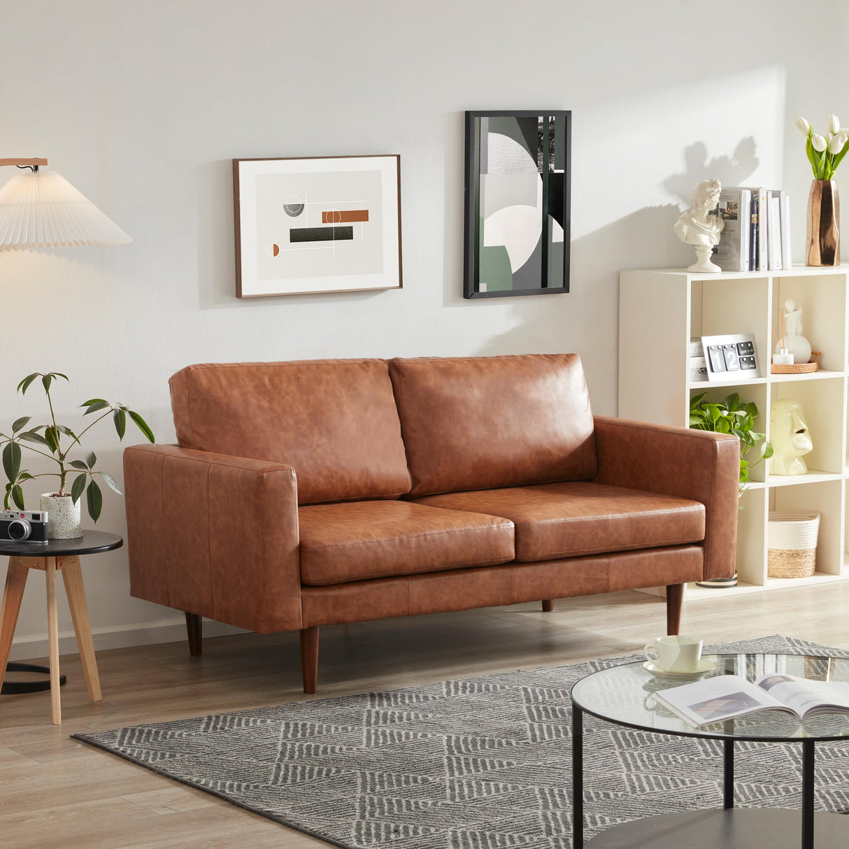 65" Loveseat Sofa, Love Seat, Faux Leather Sofa, Mid Century Modern Couch