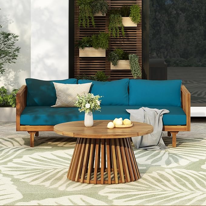 Outdoor Acacia Wood Conversation Set, 3-Seat Loveseat Sofa w/Coushion and Coffetable