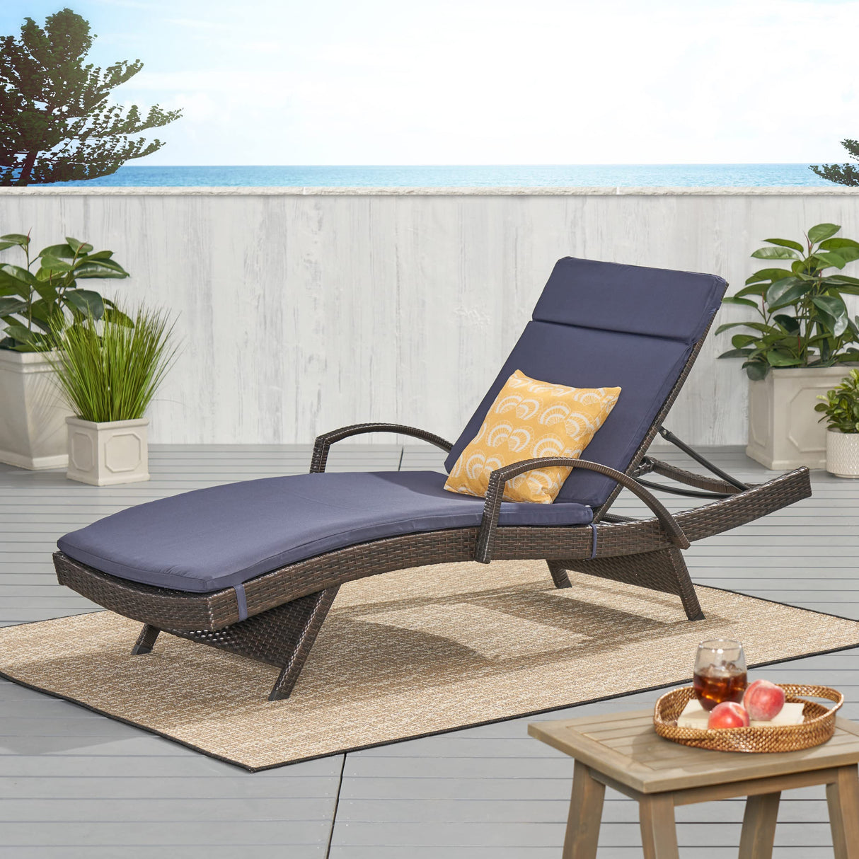 Christopher Knight Home Salem Outdoor Wicker Adjustable Chaise Lounge with Arms, with Cushion, Multibrown / Navy Blue