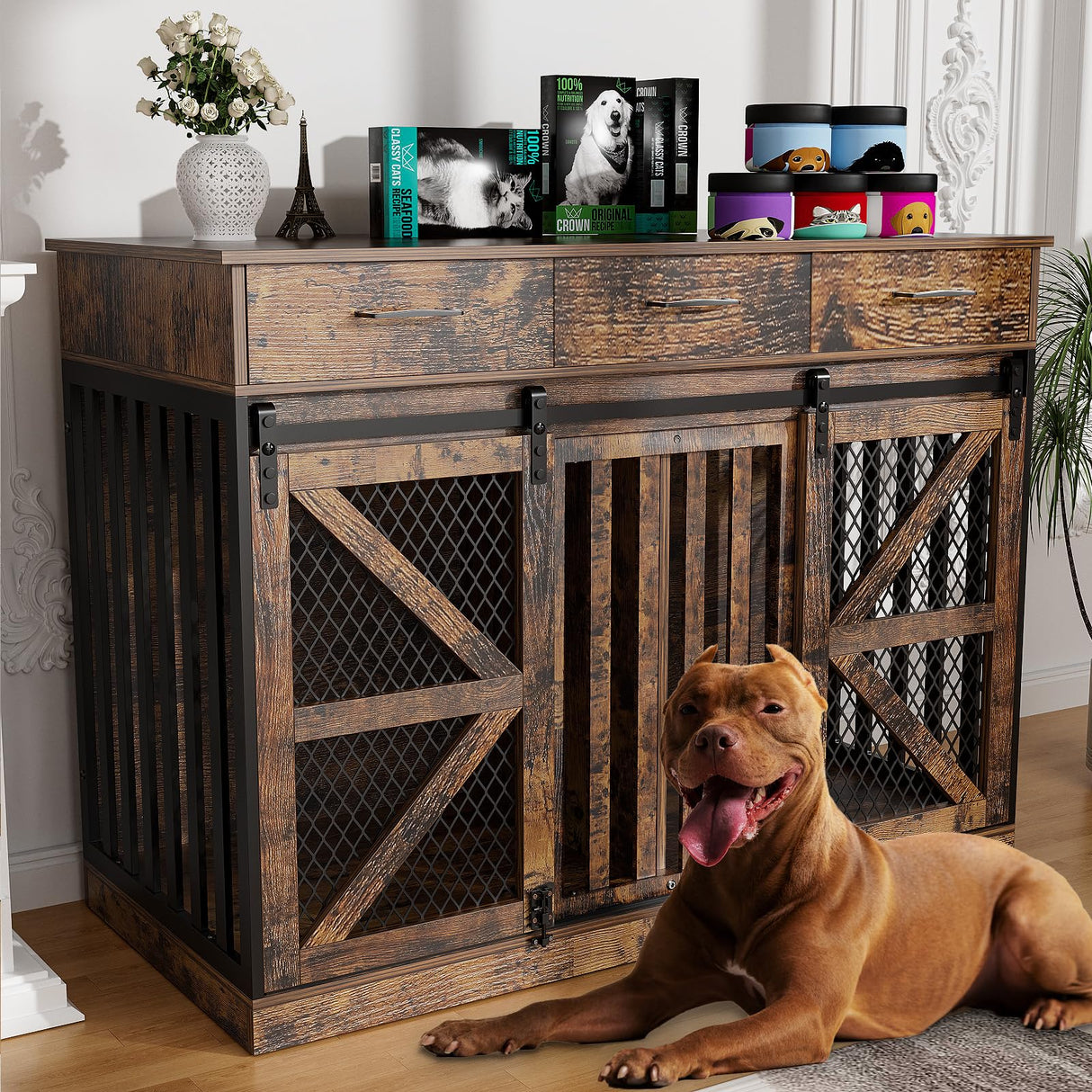 48" Double Dog Crate Furniture with Divider & Storage Drawers